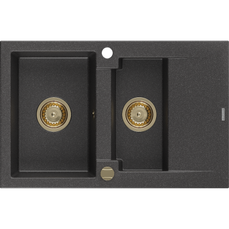 Mexen Gaspar granite sink 1.5-bowl with drainer 737 x 475 mm, black speckled, golden siphon - 6507731505-76-G