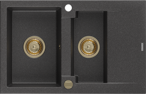 Mexen Gaspar 1.5-compartment granite sink with a drip tray 737 x 475 mm, spotted black, siphon Gold - 6507731505-76-G