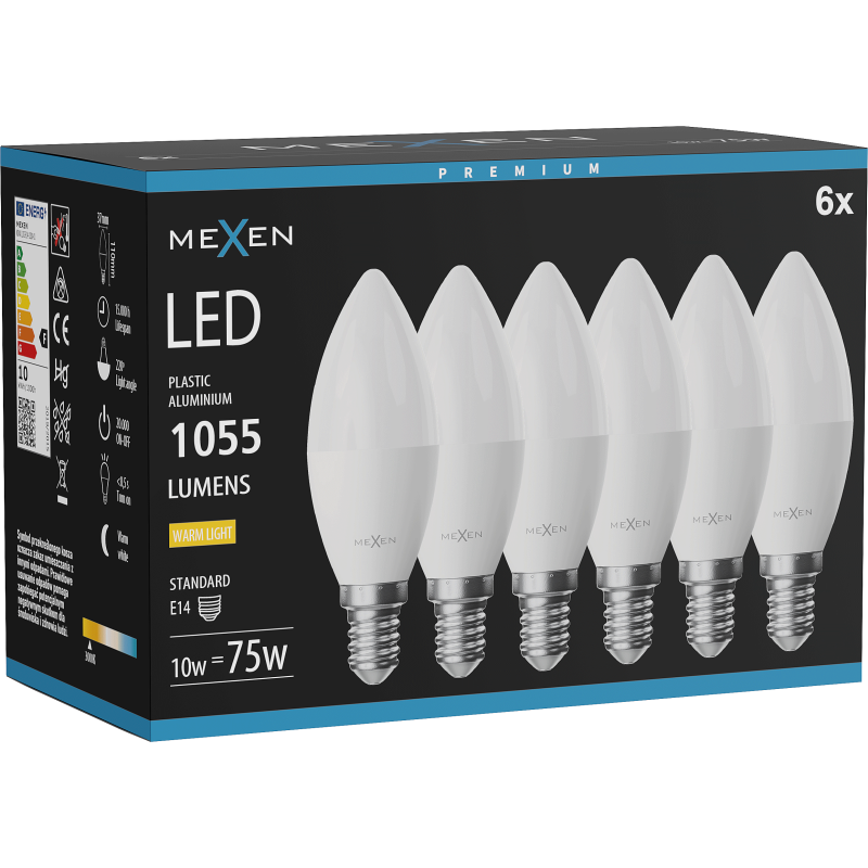 Mexen Nova 6x LED Bulb E14, C37, 10W, Warm - 3000K, 1055 lm - L102-E14-1030-01x06