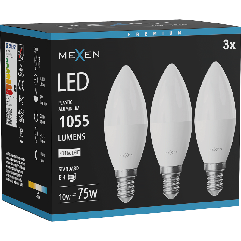 Mexen Nova 3x LED Bulb E14, C37, 10W, Neutral - 4000K, 1055 lm - L102-E14-1040-01x03