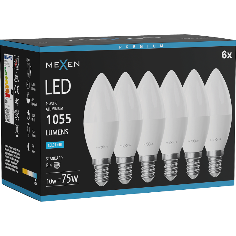 Mexen Nova 6x LED Bulb E14, C37, 10W, Cool - 6500K, 1055 lm - L102-E14-1065-01x06