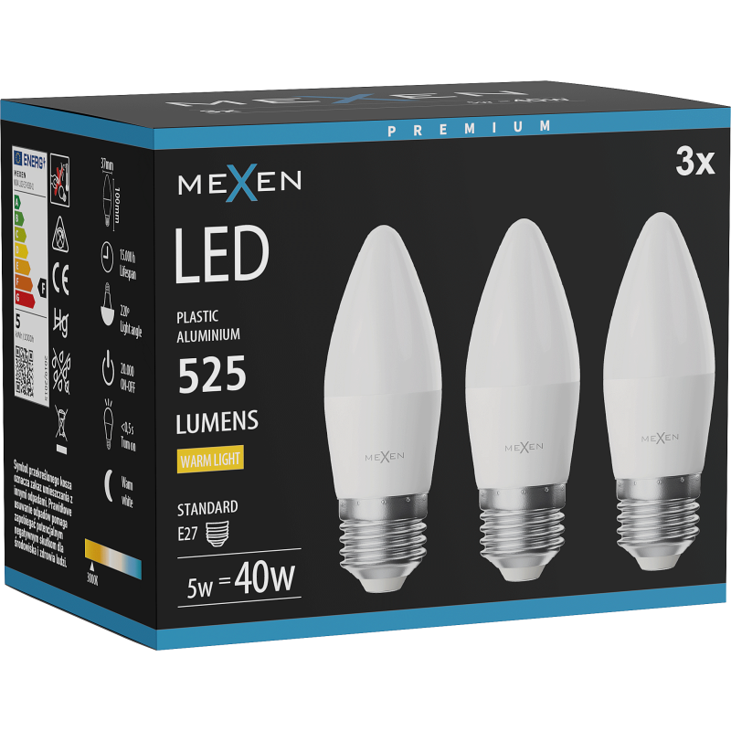 Mexen Nova 3x LED Bulb E27, C37, 5W, Warm - 3000K, 525 lm - L102-E27-0530-01x03