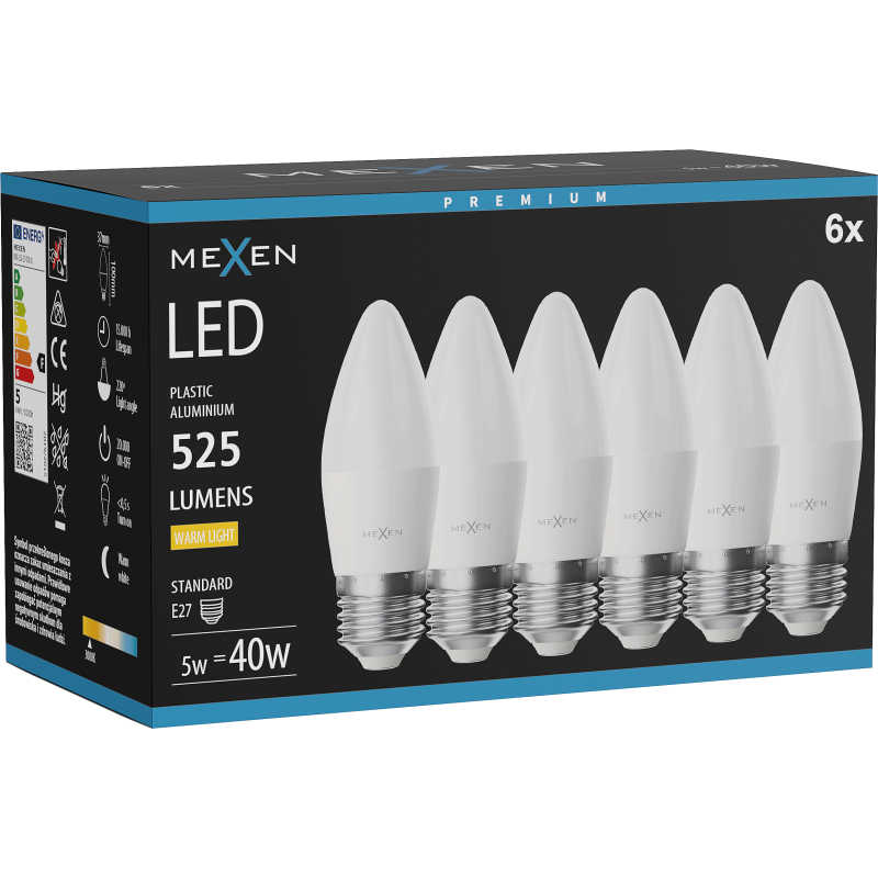 Mexen Nova 6x LED Bulb E27, C37, 5W, Warm - 3000K, 525 lm - L102-E27-0530-01x06