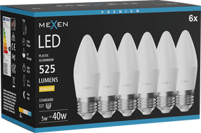 Mexen Nova 6x LED Bulb E27, C37, 5W, Warm - 3000K, 525 lm - L102-E27-0530-01x06