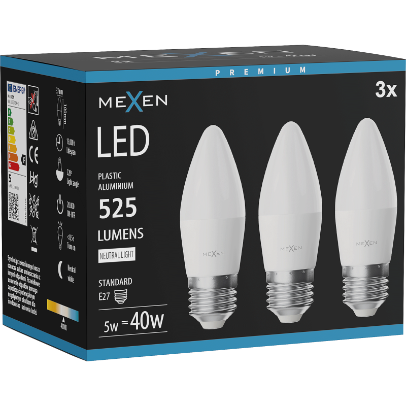 Mexen Nova 3x LED Bulb E27, C37, 5W, Neutral - 4000K, 525 lm - L102-E27-0540-01x03