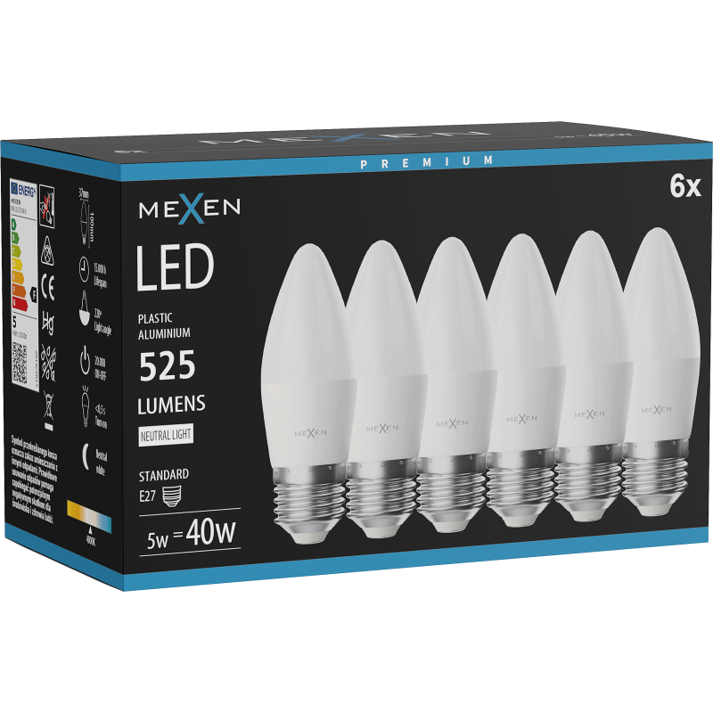 Mexen Nova 6x LED Bulb E27, C37, 5W, Neutral - 4000K, 525 lm - L102-E27-0540-01x06