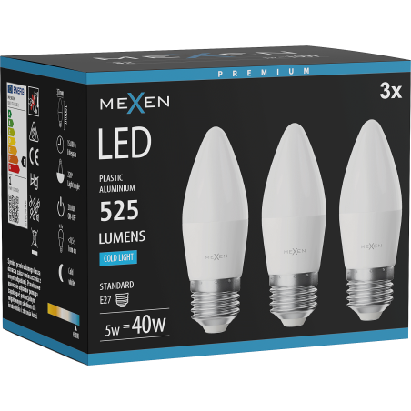 Mexen Nova 3x LED Bulb E27, C37, 5W, Cold - 6500K, 525 lm - L102-E27-0565-01x03