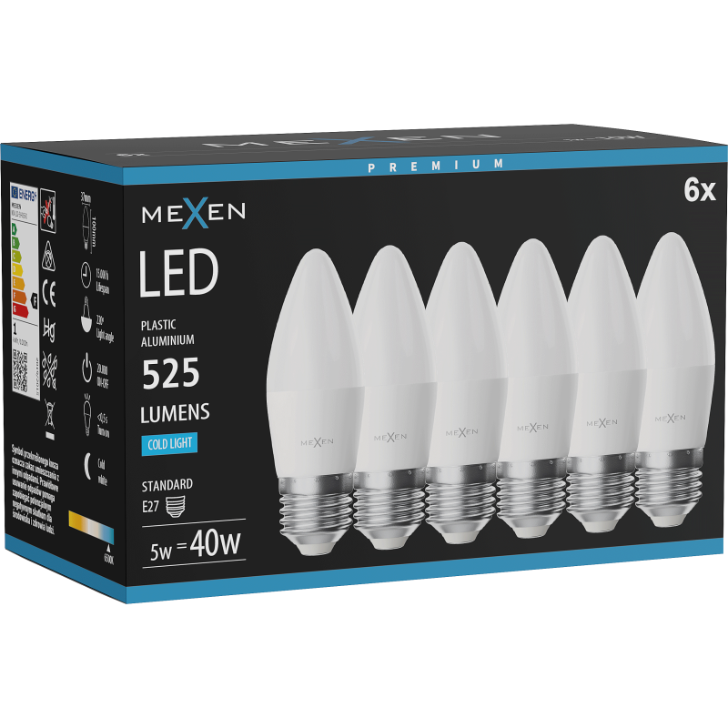 Mexen Nova 6x LED Bulb E27, C37, 5W, Cool - 6500K, 525 lm - L102-E27-0565-01x06