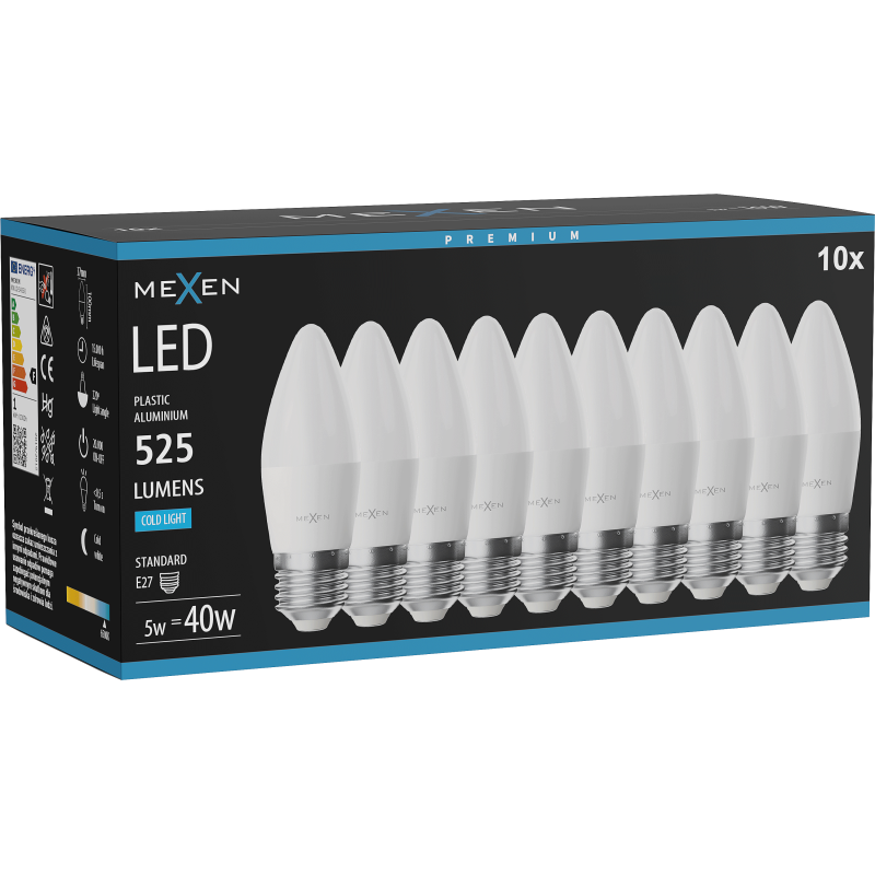 Mexen Nova 10x LED Bulb E27, C37, 5W, Cool - 6500K, 525 lm - L102-E27-0565-01x10