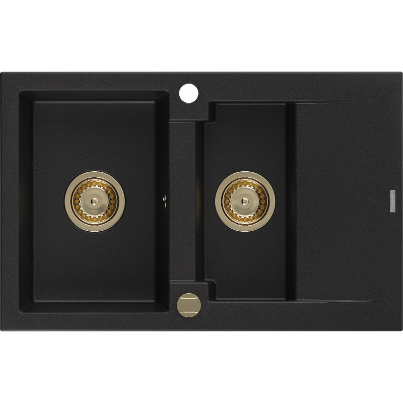Mexen Gaspar 1.5-compartment granite sink with a drip tray 737 x 475 mm, Black, siphon Gold - 6507731505-77-G