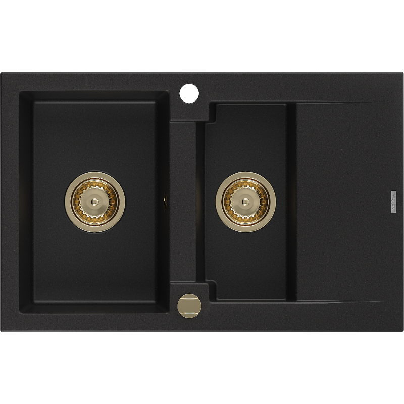 Mexen Gaspar granite sink 1.5-bowl with drainer 737 x 475 mm, black, gold siphon - 6507731505-77-G