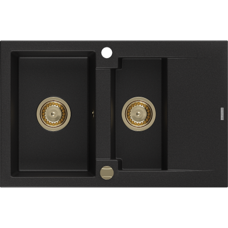 Mexen Gaspar granite sink 1.5-bowl with drainer 737 x 475 mm, black, gold siphon - 6507731505-77-G