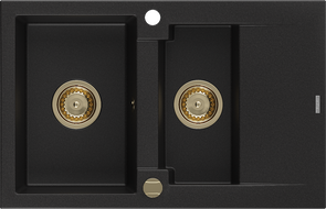 Mexen Gaspar granite sink 1.5-compartment with drainer 737 x 475 mm, black, gold siphon - 6507731505-77-G