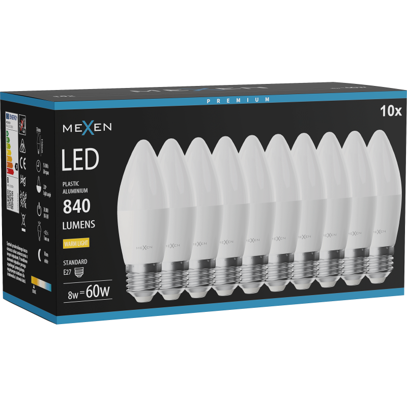 Mexen Nova 10x LED Bulb E27, C37, 8W, Warm - 3000K, 840 lm - L102-E27-0830-01x10