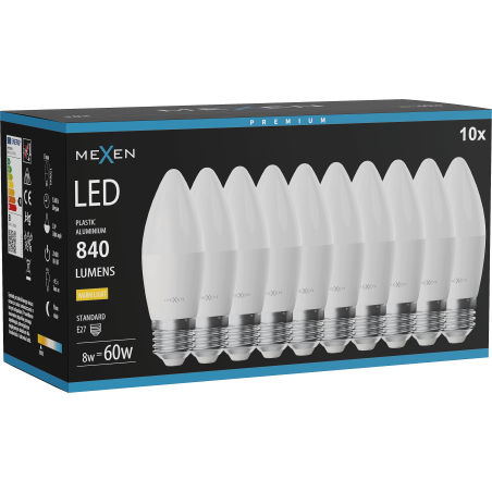 Mexen Nova 10x LED Bulb E27, C37, 8W, Warm - 3000K, 840 lm - L102-E27-0830-01x10