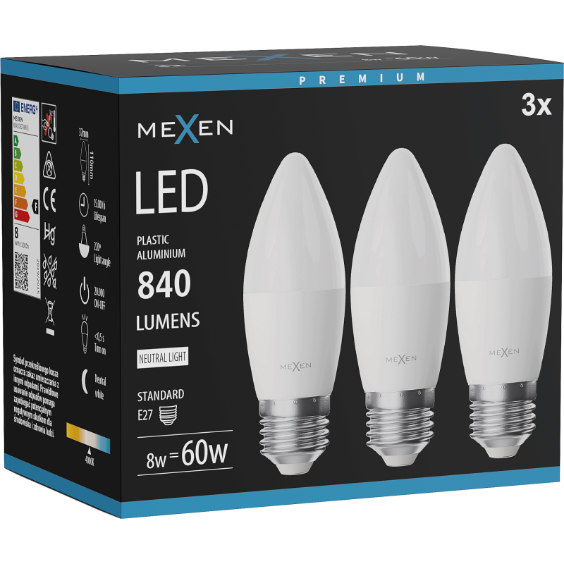 Mexen Nova 3x LED Bulb E27, C37, 8W, Neutral - 4000K, 840 lm - L102-E27-0840-01x03