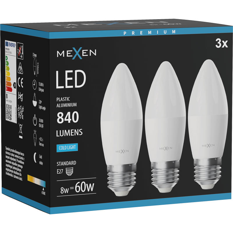 Mexen Nova 3x LED Bulb E27, C37, 8W, Cool - 6500K, 840 lm - L102-E27-0865-01x03