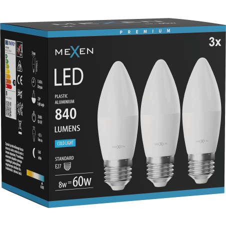 Mexen Nova 3x LED Bulb E27, C37, 8W, Cool - 6500K, 840 lm - L102-E27-0865-01x03