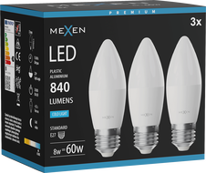 Mexen Nova 3x LED Bulb E27, C37, 8W, Cool - 6500K, 840 lm - L102-E27-0865-01x03