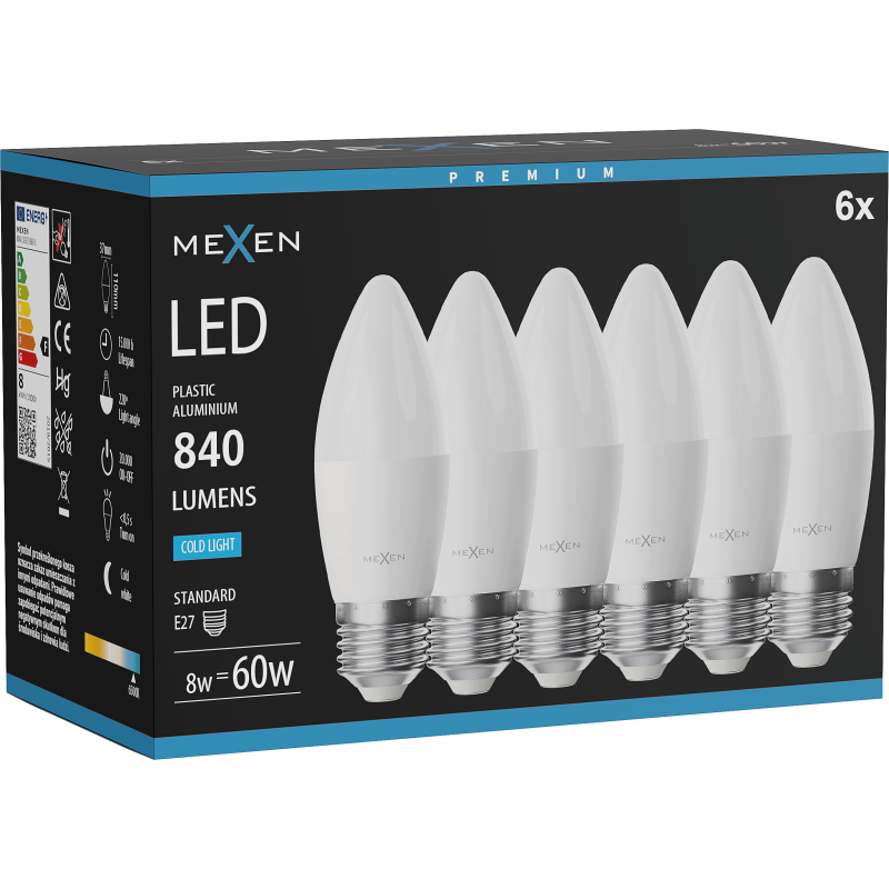Mexen Nova 6x LED Bulb E27, C37, 8W, Cool - 6500K, 840 lm - L102-E27-0865-01x06