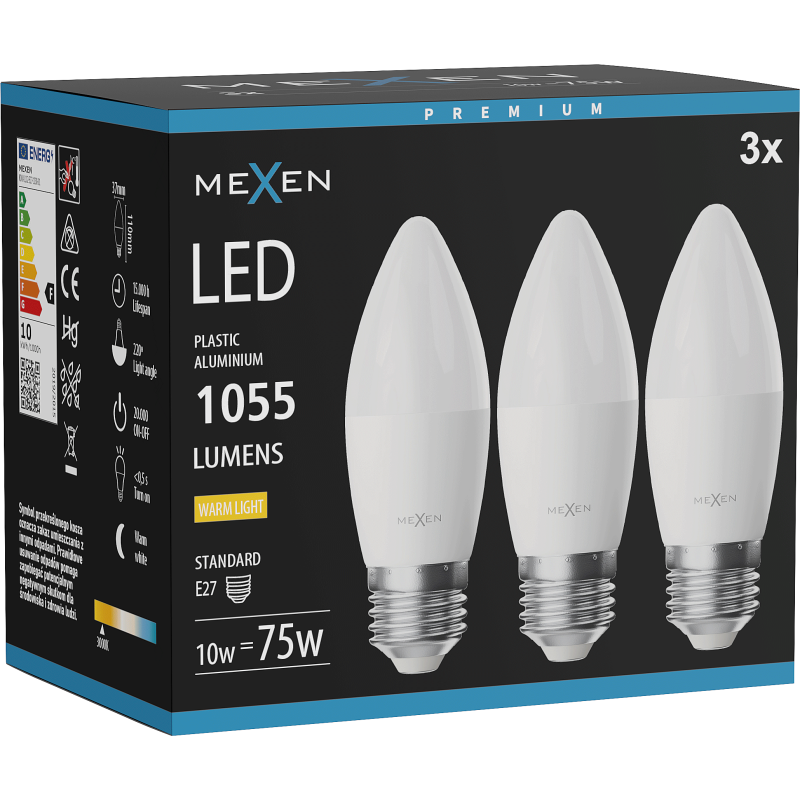 Mexen Nova 3x LED bulb E27, C37, 10W, Warm - 3000K, 1055 lm - L102-E27-1030-01x03