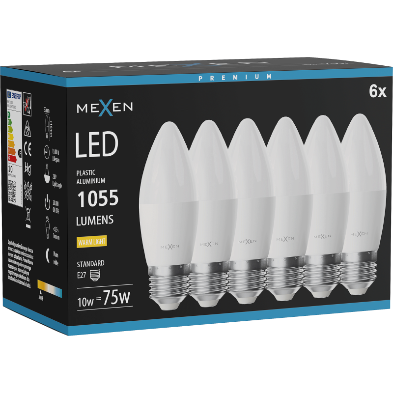 Mexen Nova 6x LED Bulb E27, C37, 10W, Warm - 3000K, 1055 lm - L102-E27-1030-01x06