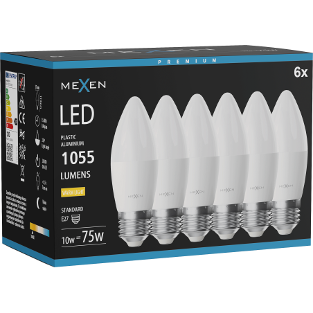 Mexen Nova 6x LED Bulb E27, C37, 10W, Warm - 3000K, 1055 lm - L102-E27-1030-01x06