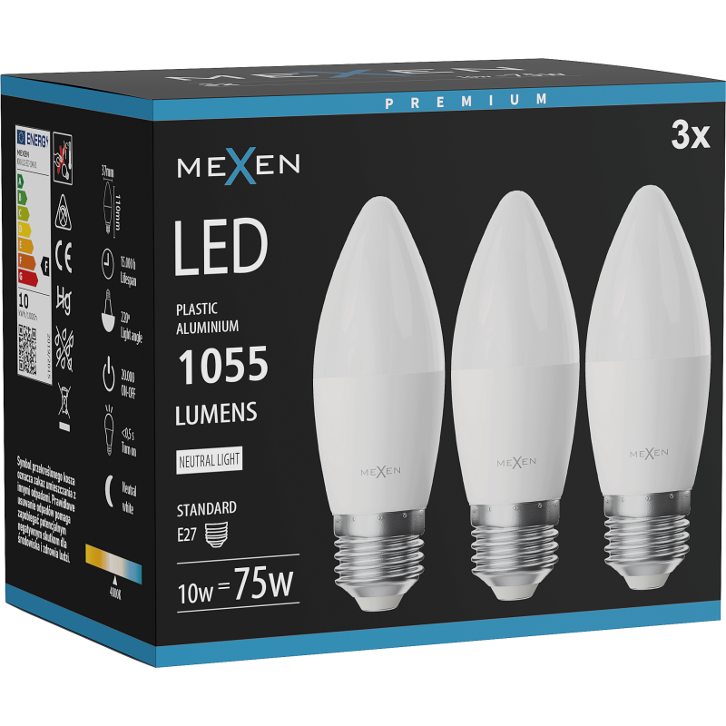 Mexen Nova 3x LED Bulb E27, C37, 10W, Neutral - 4000K, 1055 lm - L102-E27-1040-01x03