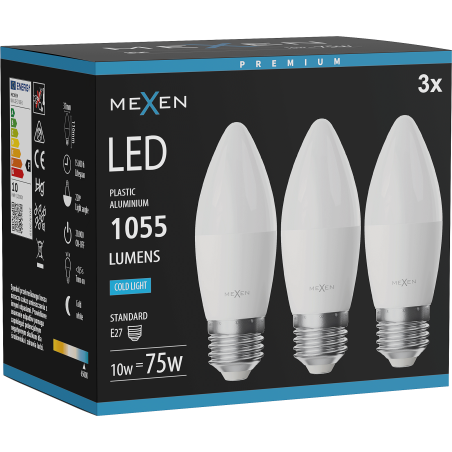 Mexen Nova 3x LED Bulb E27, C37, 10W, Cool - 6500K, 1055 lm - L102-E27-1065-01x03