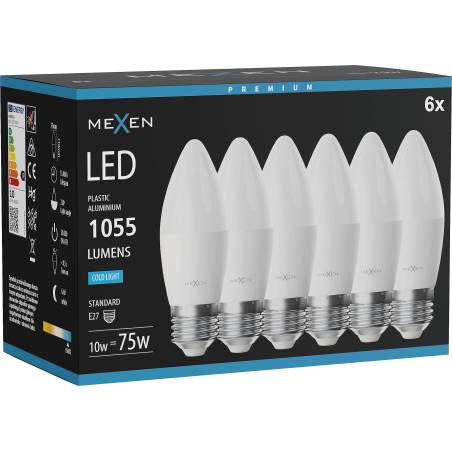 Mexen Nova 6x LED Bulb E27, C37, 10W, Cool - 6500K, 1055 lm - L102-E27-1065-01x06