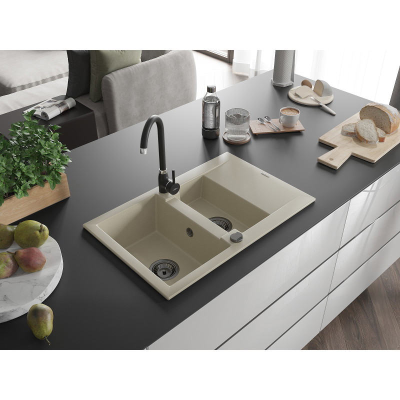 Mexen Gaspar 1.5-Bowl Granite Sink with Drainer 737 x 475 mm, Beige, Black Syphon - 6507731505-69-B