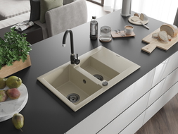 Mexen Gaspar 1.5-compartment granite sink with a drip tray 737 x 475 mm, Beige, siphon Black - 6507731505-69-B