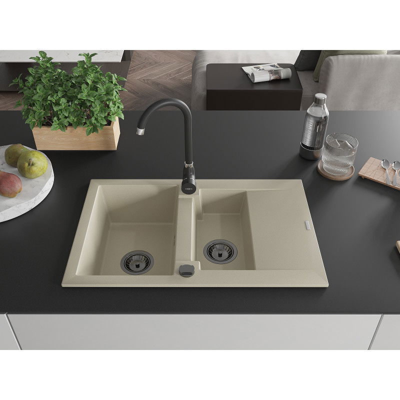 Mexen Gaspar granite sink 1.5-bowl with drainer 737 x 475 mm, beige, black siphon - 6507731505-69-B