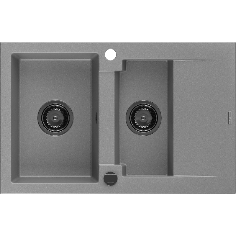 Mexen Gaspar 1.5-compartment granite sink with a drip tray 737 x 475 mm, Grey, siphon Black - 6507731505-71-B