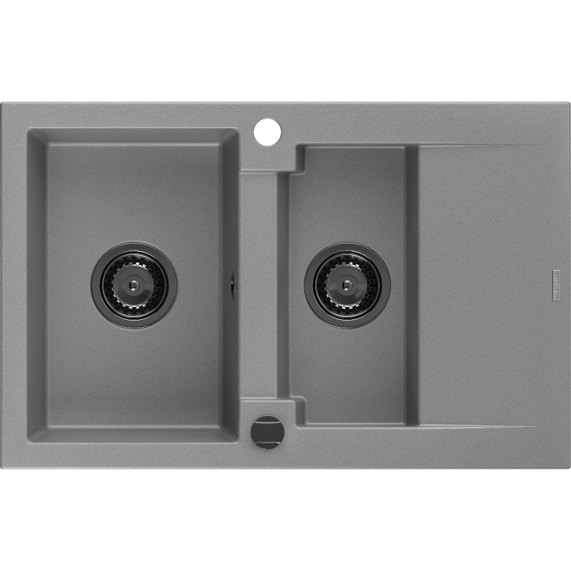 Mexen Gaspar granite sink 1.5-bowl with drainer 737 x 475 mm, gray, black siphon - 6507731505-71-B