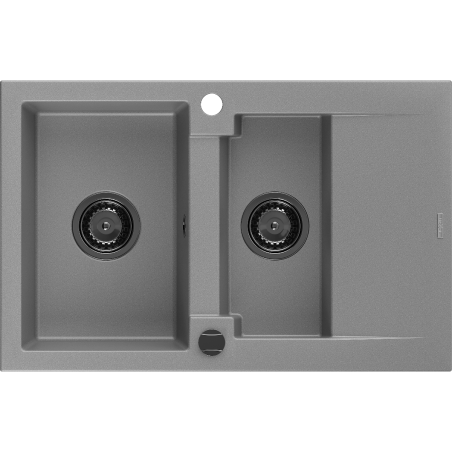 Mexen Gaspar granite sink 1.5-bowl with drainer 737 x 475 mm, gray, black siphon - 6507731505-71-B