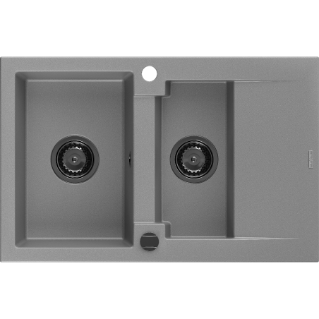 Mexen Gaspar granite sink 1.5-bowl with drainer 737 x 475 mm, grey, black siphon - 6507731505-71-B