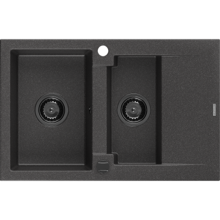Mexen Gaspar granite sink 1.5-bowl with drainer 737 x 475 mm, black speckled, black siphon - 6507731505-76-B