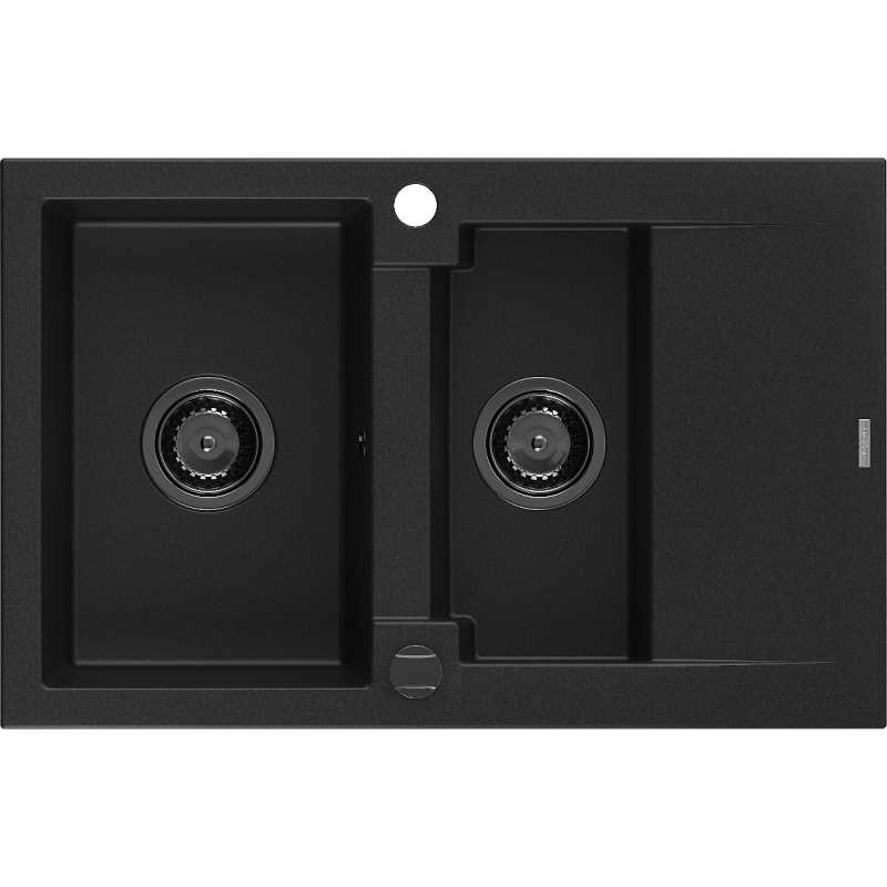 Mexen Gaspar 1.5-compartment granite sink with a drip tray 737 x 475 mm, Black, siphon Black - 6507731505-77-B