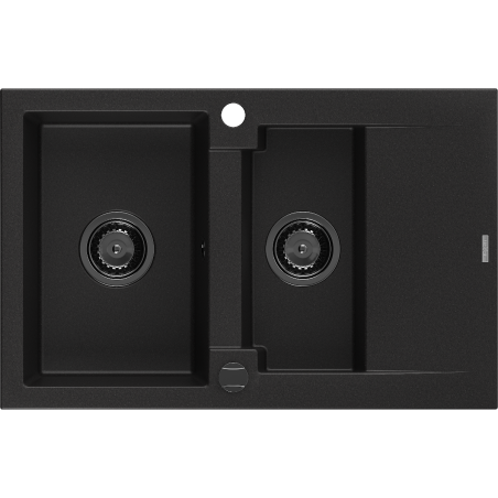 Mexen Gaspar granite sink 1.5-bowl with drainer 737 x 475 mm, black, black siphon - 6507731505-77-B