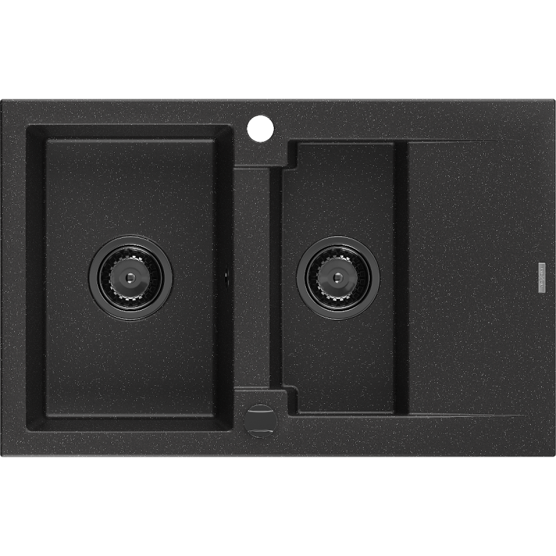 Mexen Gaspar 1.5-compartment granite sink with a drip tray 737 x 475 mm Black/Silver metallic, siphon Black - 6507731505-73-B