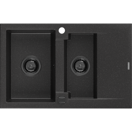Mexen Gaspar granite sink 1.5-bowl with drainer 737 x 475 mm black/silver metallic, black siphon - 6507731505-73-B