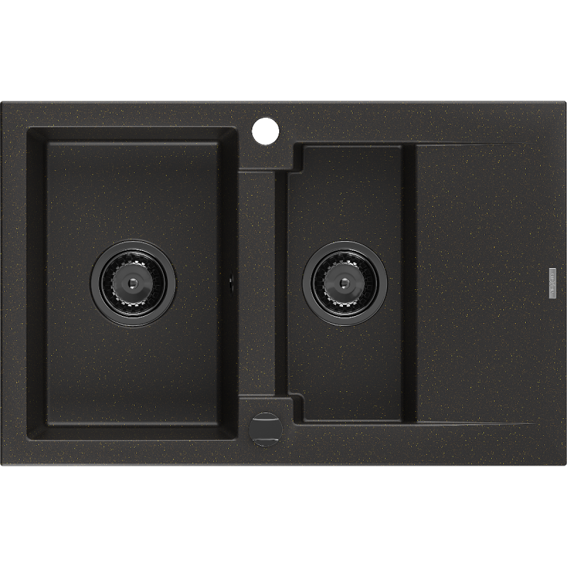 Mexen Gaspar 1.5-compartment granite sink with a drip tray 737 x 475 mm, Black/Gold metallic, siphon Black - 6507731505-75-B