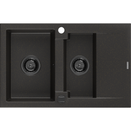 Mexen Gaspar 1.5-compartment granite sink with a drip tray 737 x 475 mm, Black/Gold metallic, siphon Black - 6507731505-75-B