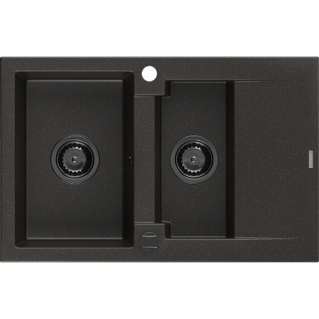 Mexen Gaspar granite sink 1.5-bowl with drainer 737 x 475 mm, black/gold metallic, black siphon - 6507731505-75-B