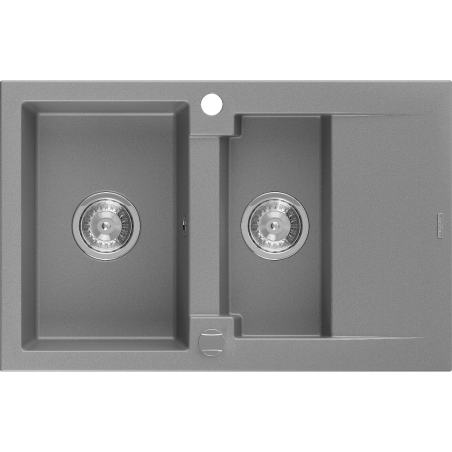 Mexen Gaspar granite sink 1.5-bowl with drainer 737 x 475 mm, gray, chrome siphon - 6507731505-71