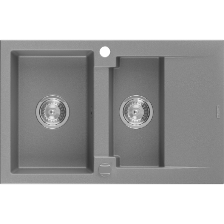 Mexen Gaspar granite sink 1.5-bowl with drainer 737 x 475 mm, grey, chrome siphon - 6507731505-71