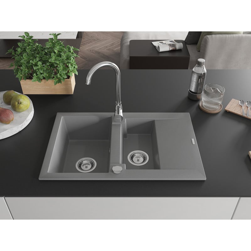 Mexen Gaspar granite sink 1.5-bowl with drainer 737 x 475 mm, gray, chrome siphon - 6507731505-71