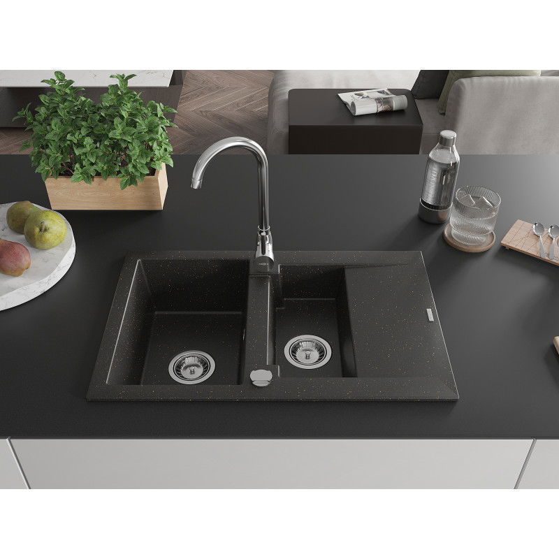 Mexen Gaspar granite sink 1.5-bowl with drainer 737 x 475 mm, black/gold metallic, chrome siphon - 6507731505-75