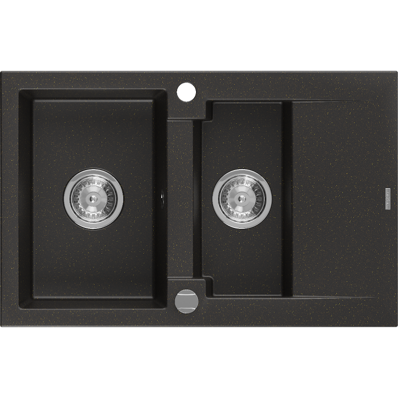 Mexen Gaspar granite sink 1.5-bowl with drainer 737 x 475 mm, black/gold metallic, chrome siphon - 6507731505-75